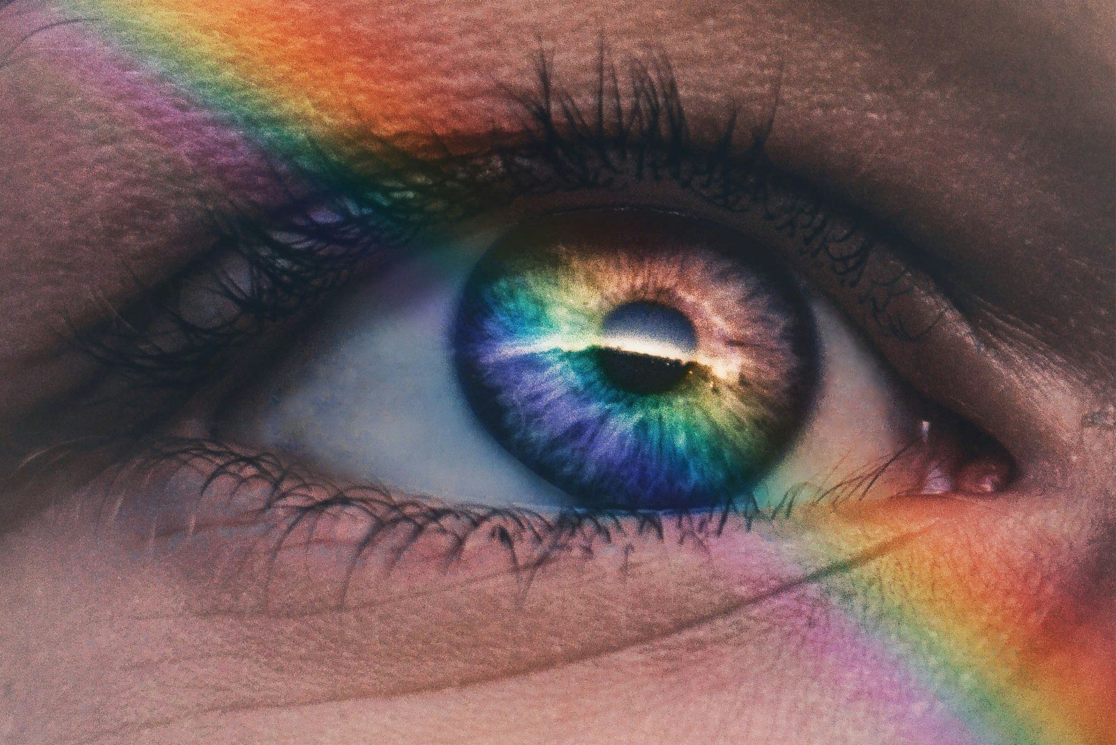 close up photography of rainbow rays on eye